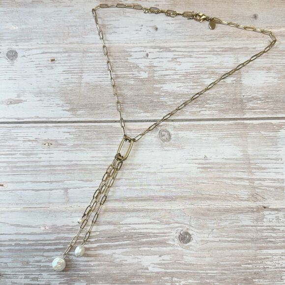 Express Gold Plated Paper clip Chain Triple Y Drop Necklace Genuine Pearl Dangle - Picture 1 of 5